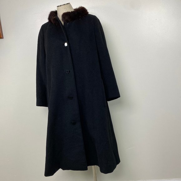 Vintage Best & Co Black Wool Coat w/ Brown Mink Collar Union Label Made in USA - Picture 1 of 9